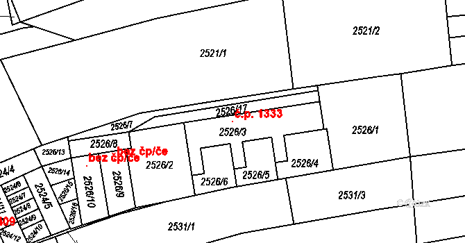 Komín 1333, Brno na parcele st. 2526/3 v KÚ Komín, Katastrální mapa