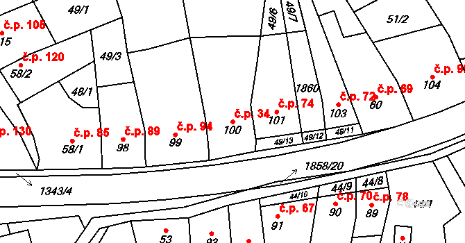 Jestřabice 34, Koryčany na parcele st. 100 v KÚ Jestřabice, Katastrální mapa