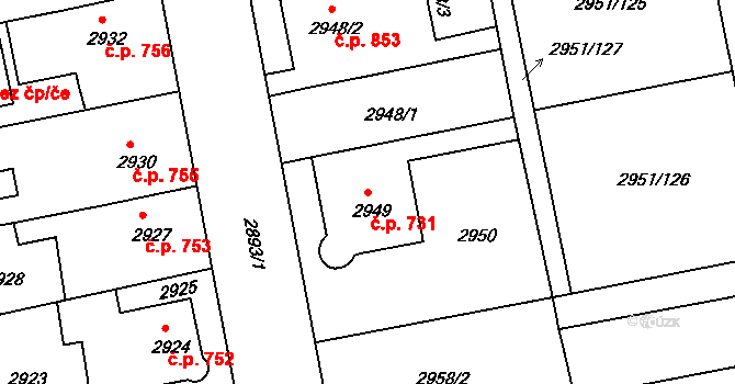 Holešov 731 na parcele st. 2949 v KÚ Holešov, Katastrální mapa