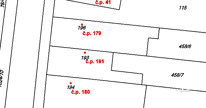 Mcely 191 na parcele st. 193 v KÚ Mcely, Katastrální mapa