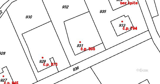 Bystřice 805 na parcele st. 931 v KÚ Bystřice nad Olší, Katastrální mapa