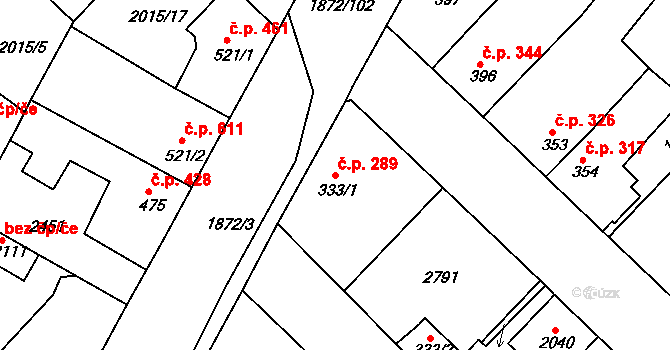 Tišnov 289 na parcele st. 333/1 v KÚ Tišnov, Katastrální mapa