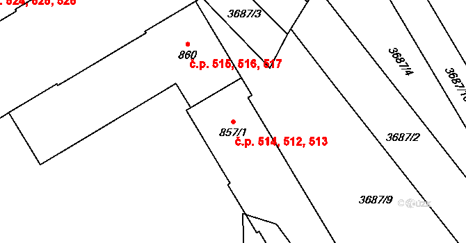 Vyškov-Předměstí 512,513,514, Vyškov na parcele st. 857/1 v KÚ Vyškov, Katastrální mapa