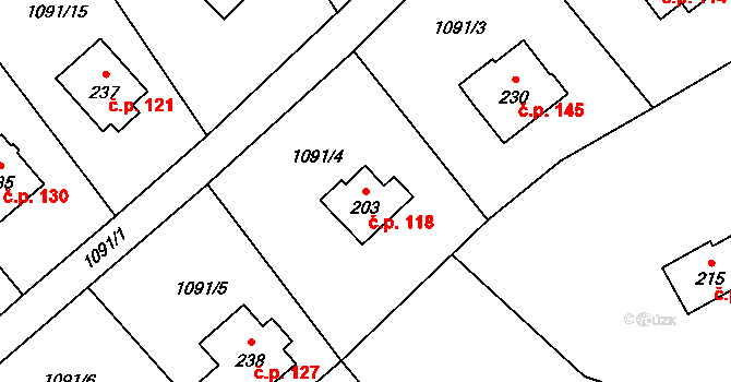 Měřín 118, Rabyně na parcele st. 203 v KÚ Blaženice, Katastrální mapa