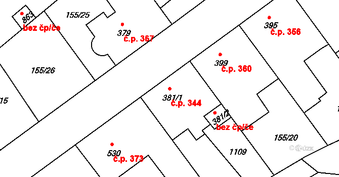 Brandýs nad Labem 344, Brandýs nad Labem-Stará Boleslav na parcele st. 381/1 v KÚ Brandýs nad Labem, Katastrální mapa