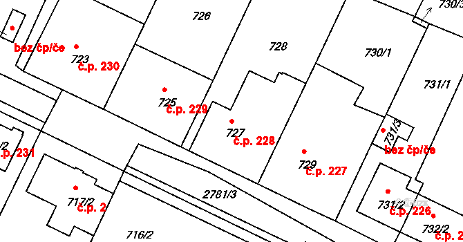 Dačice V 228, Dačice na parcele st. 727 v KÚ Dačice, Katastrální mapa