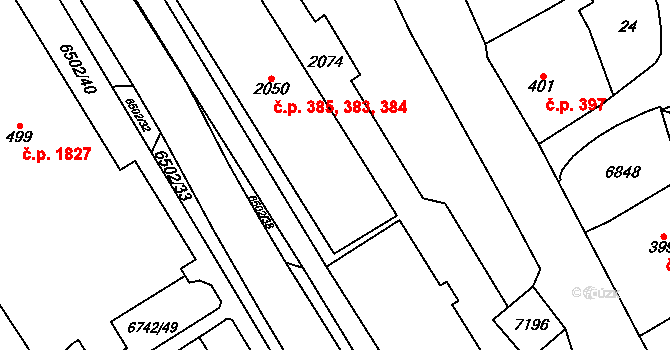 Kraslice 383,384,385 na parcele st. 2050 v KÚ Kraslice, Katastrální mapa