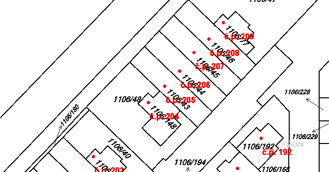 Češkovice 205, Blansko na parcele st. 1106/43 v KÚ Těchov, Katastrální mapa