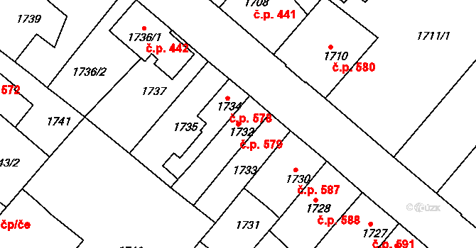 Mnichovo Hradiště 579 na parcele st. 1732 v KÚ Mnichovo Hradiště, Katastrální mapa
