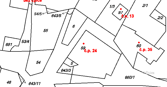 Kořen 24, Olbramov na parcele st. 59 v KÚ Kořen, Katastrální mapa
