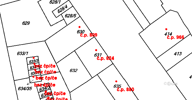 Klíše 824, Ústí nad Labem na parcele st. 631 v KÚ Klíše, Katastrální mapa