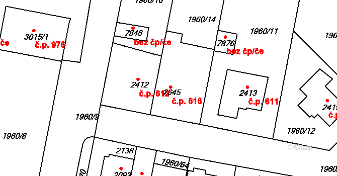 Borovina 616, Třebíč na parcele st. 2645 v KÚ Třebíč, Katastrální mapa