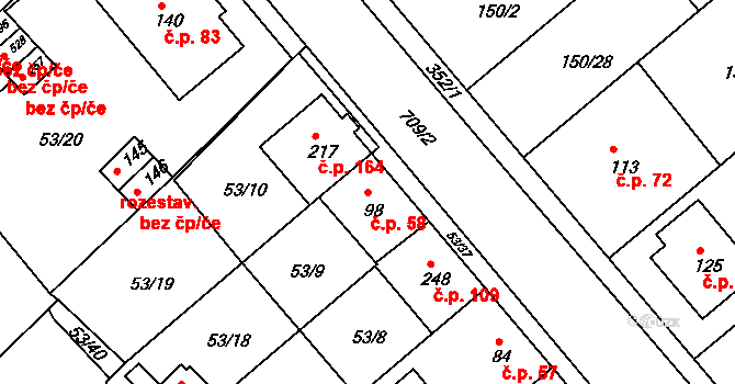 Týn 58, Třebíč na parcele st. 98 v KÚ Týn u Třebíče, Katastrální mapa