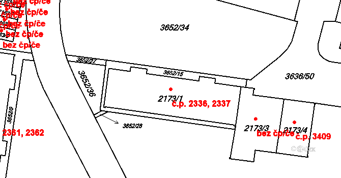 Břeclav 2336,2337 na parcele st. 2173/1 v KÚ Břeclav, Katastrální mapa