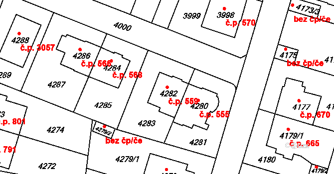 Žabovřesky 559, Brno na parcele st. 4282 v KÚ Žabovřesky, Katastrální mapa