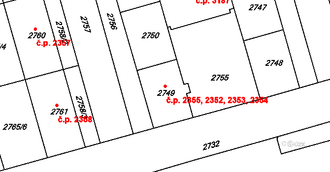 Žabovřesky 2352,2353,2354,2355, Brno na parcele st. 2749 v KÚ Žabovřesky, Katastrální mapa
