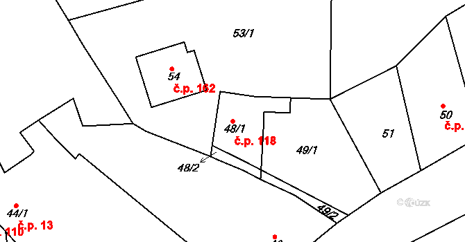 Hudcov 118, Teplice na parcele st. 48/1 v KÚ Hudcov, Katastrální mapa