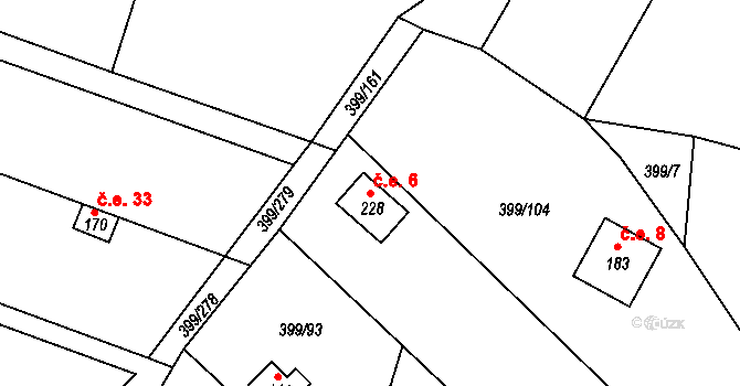 Mezouň 6 na parcele st. 228 v KÚ Mezouň, Katastrální mapa