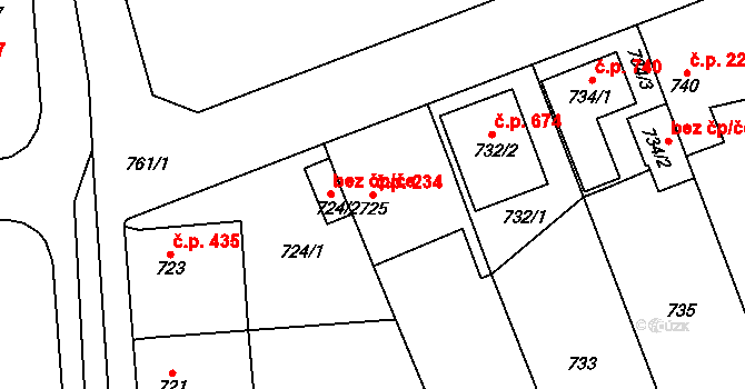 Dubeč 234, Praha na parcele st. 725 v KÚ Dubeč, Katastrální mapa