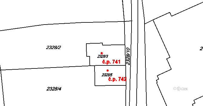 Hostivař 741, Praha na parcele st. 2328/3 v KÚ Hostivař, Katastrální mapa