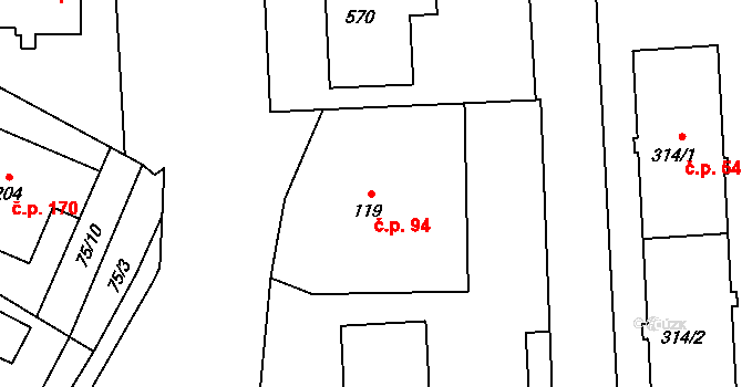 Neředín 94, Olomouc na parcele st. 119 v KÚ Neředín, Katastrální mapa