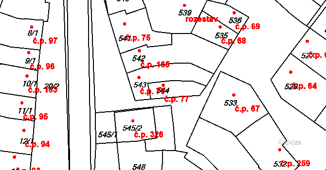 Prace 77 na parcele st. 544 v KÚ Prace, Katastrální mapa