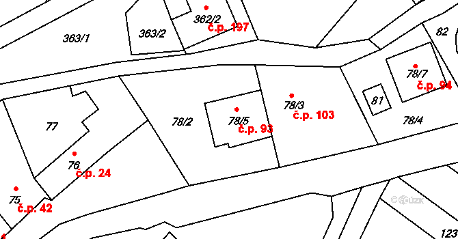 Rebešovice 93 na parcele st. 78/5 v KÚ Rebešovice, Katastrální mapa
