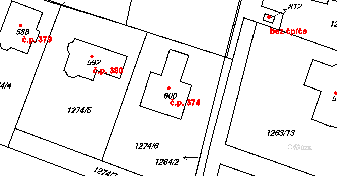 Doksy 374 na parcele st. 600 v KÚ Doksy u Kladna, Katastrální mapa