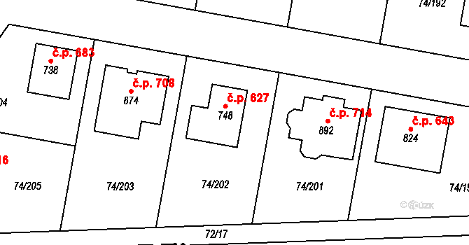 Hovorčovice 627 na parcele st. 748 v KÚ Hovorčovice, Katastrální mapa