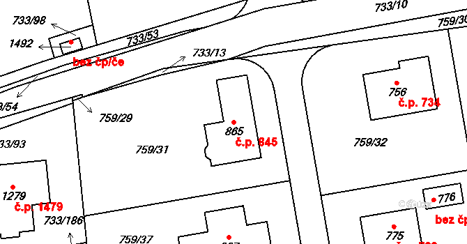 Jesenice 845 na parcele st. 865 v KÚ Jesenice u Prahy, Katastrální mapa