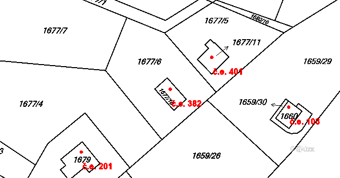 Sázava 382 na parcele st. 1677/10 v KÚ Sázava, Katastrální mapa