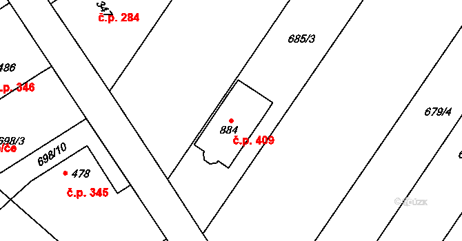 Rouchovany 409 na parcele st. 884 v KÚ Rouchovany, Katastrální mapa