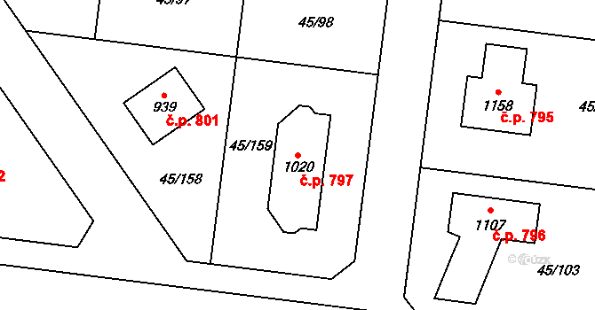 Hovorčovice 797 na parcele st. 1020 v KÚ Hovorčovice, Katastrální mapa