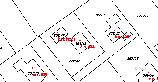 Krmelín 634 na parcele st. 368/43 v KÚ Krmelín, Katastrální mapa