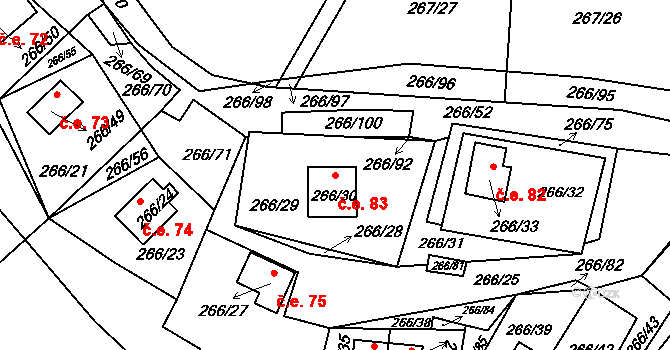 Tušimice 83, Kadaň na parcele st. 266/30 v KÚ Tušimice, Katastrální mapa