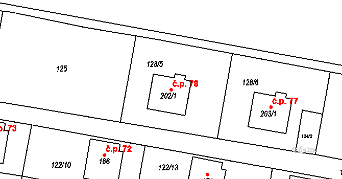Petroupim 78 na parcele st. 202/1 v KÚ Petroupim, Katastrální mapa