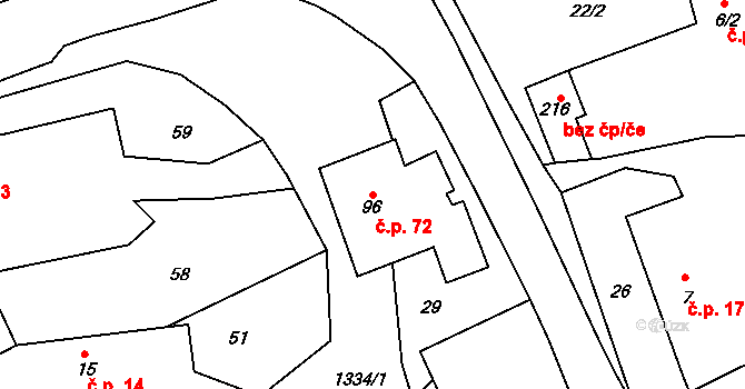 Ratměřice 72 na parcele st. 96 v KÚ Ratměřice, Katastrální mapa