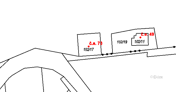 Lhotka 73 na parcele st. 102/17 v KÚ Lhotka u Přerova, Katastrální mapa