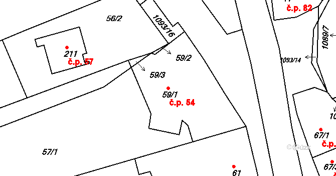 Milonice 54 na parcele st. 59/1 v KÚ Milonice, Katastrální mapa