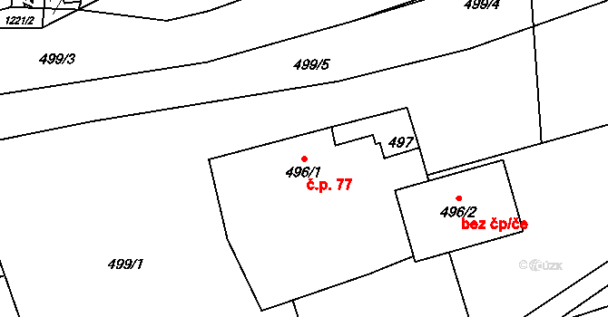 Šarovy 77 na parcele st. 496/1 v KÚ Šarovy, Katastrální mapa