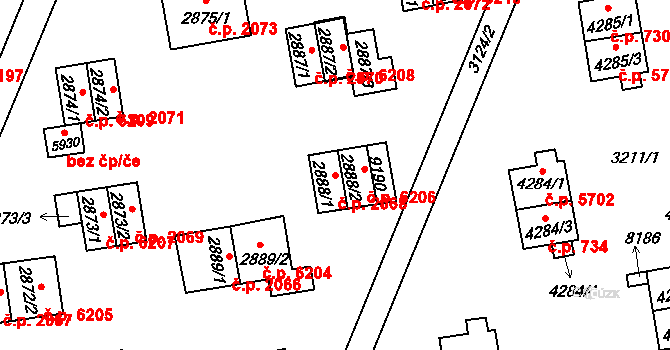 Zlín 2068 na parcele st. 2888/1 v KÚ Zlín, Katastrální mapa
