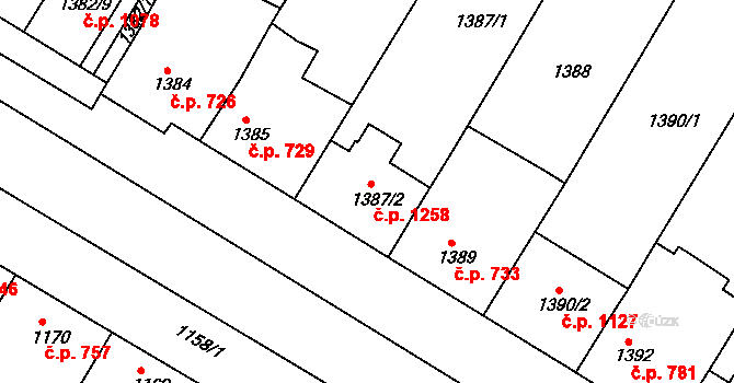 Mutěnice 1258 na parcele st. 1387/2 v KÚ Mutěnice, Katastrální mapa