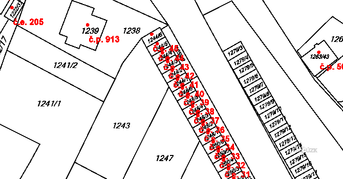 Bučovice 40 na parcele st. 1244/1 v KÚ Bučovice, Katastrální mapa