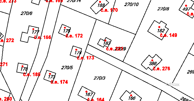 Hoješín 221, Seč na parcele st. 183 v KÚ Hoješín, Katastrální mapa