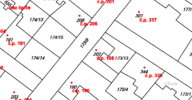 Neratovice 198 na parcele st. 202 v KÚ Neratovice, Katastrální mapa
