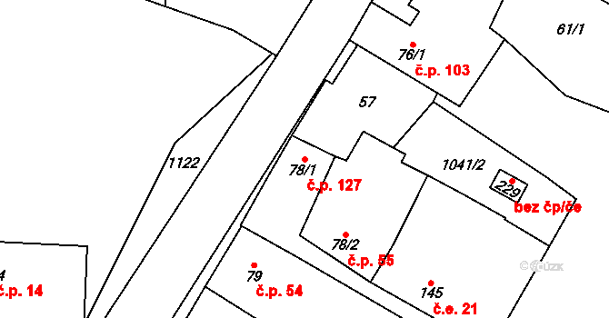 Podmokly 127 na parcele st. 78/1 v KÚ Podmokly nad Berounkou, Katastrální mapa