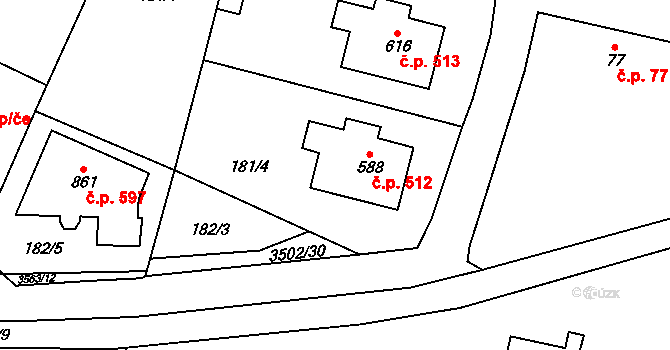 Lysice 512 na parcele st. 588 v KÚ Lysice, Katastrální mapa