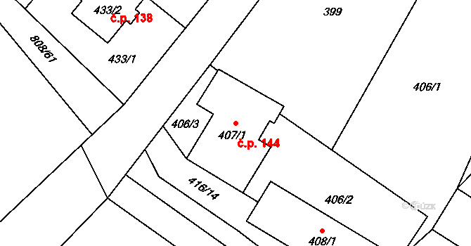 Děrné 144, Fulnek na parcele st. 407/1 v KÚ Děrné, Katastrální mapa