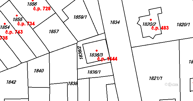 Hustopeče 1444 na parcele st. 1836/3 v KÚ Hustopeče u Brna, Katastrální mapa