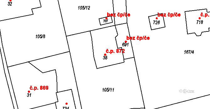 Světlá nad Sázavou 872 na parcele st. 38 v KÚ Horní Bohušice, Katastrální mapa